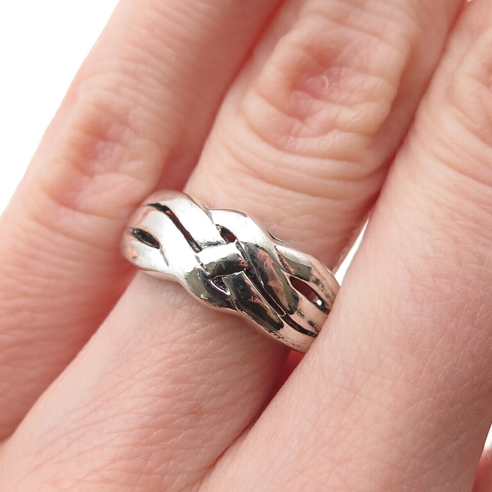 925 Sterling Silver Vintage Modernist Woven Oxidized Ring Size 5.25